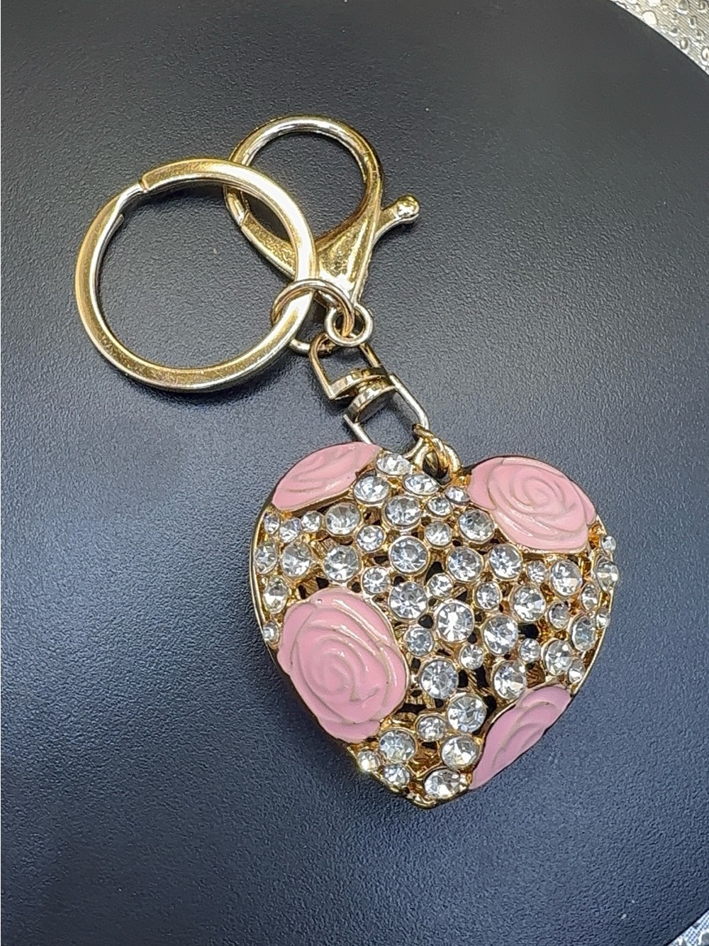 Gold Heart Crystal Keychain with Pink Rose Accents